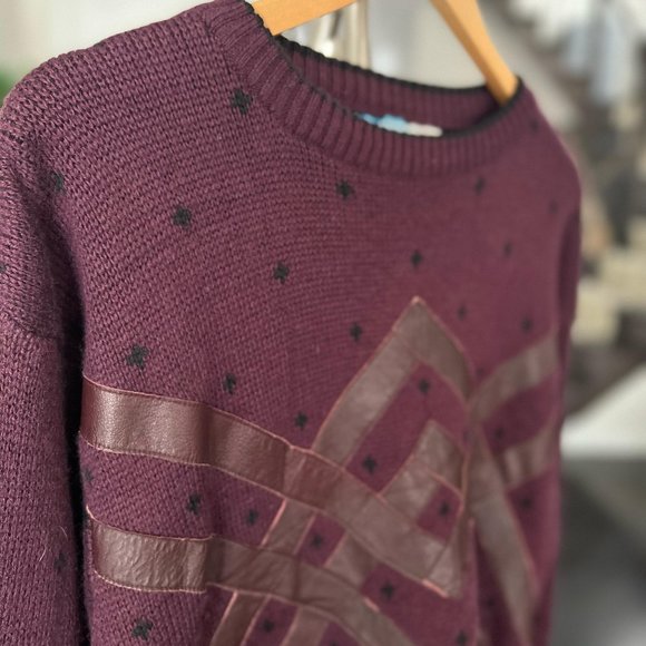 Vintage Men's Maroon Sweater by Signor Angelo - Italian, Leather Detail - Picture 3 of 6